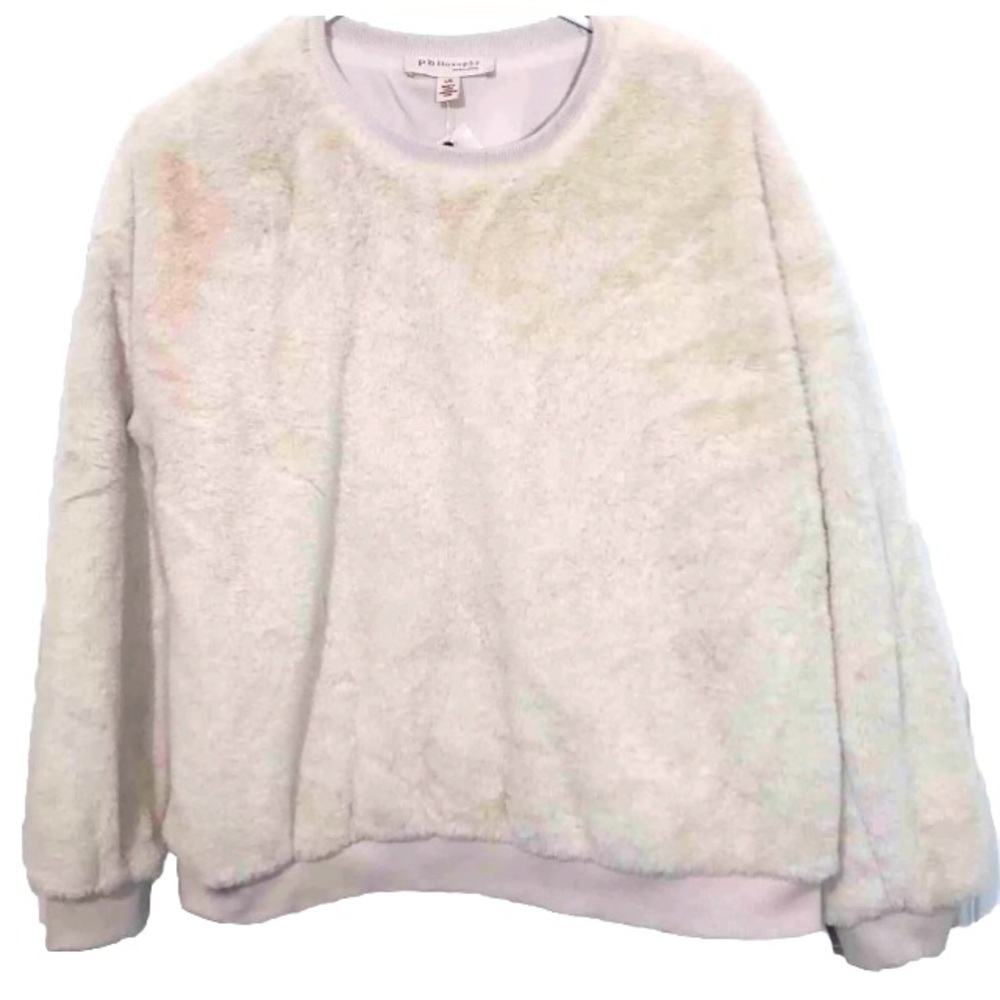 Philosophy Faux Fur Large Crewneck Sweater Pullover in Ecru New With Tag’s